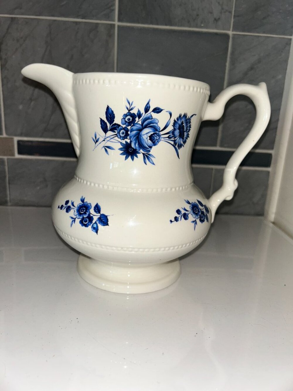 Vintage Lord Nelson Pottery Pitcher, England, Blue Floral Jug, 6.5"H